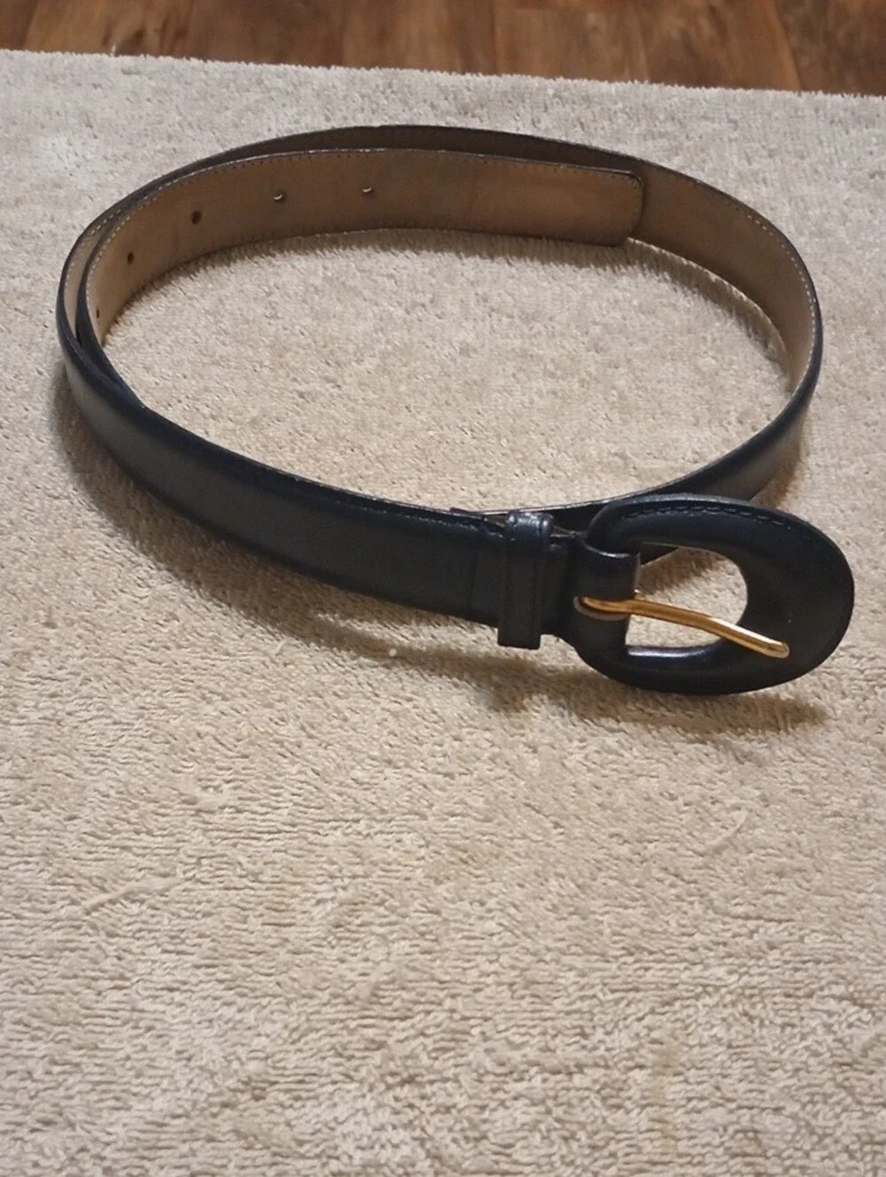 Dark Navy Black Leather Belt with Gold-Tone Buckle 34inches